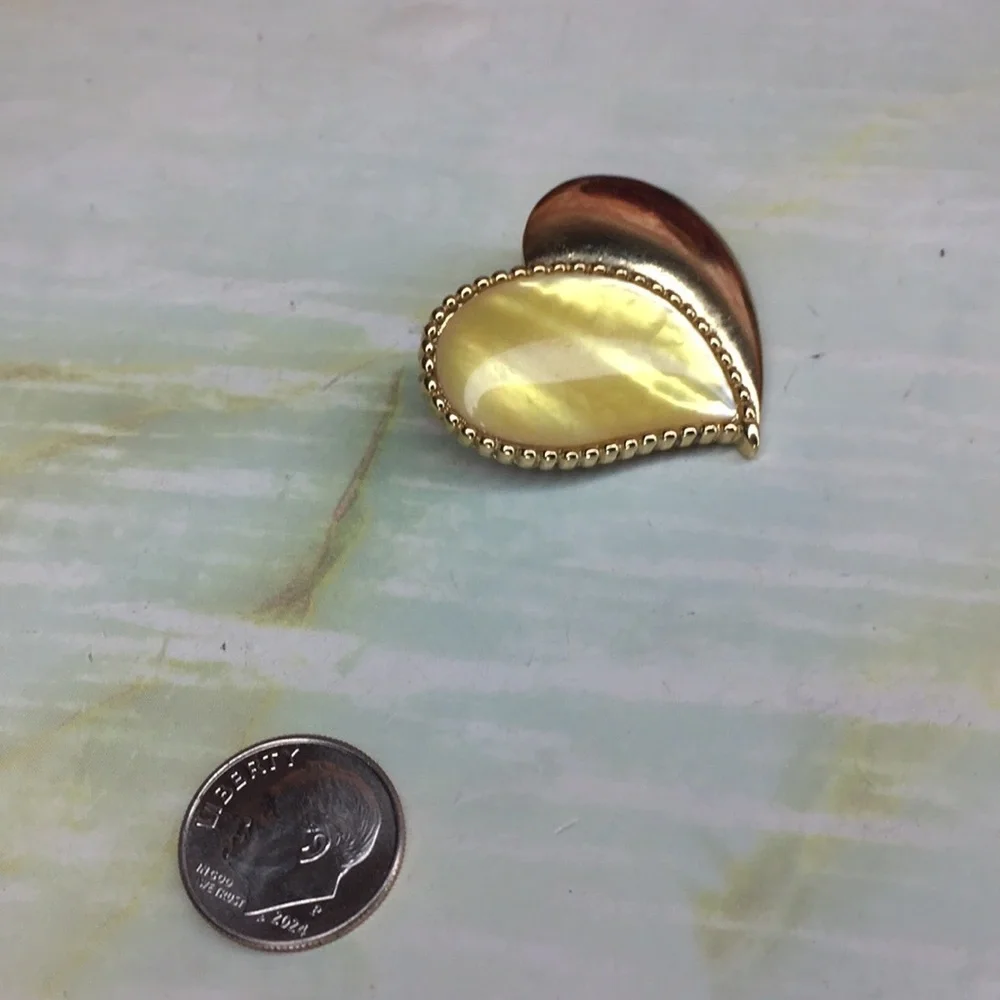 Yellow Mother of Pearl Two Tone Heart-Shaped Brooch